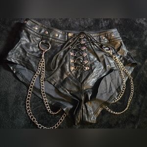 Widow Black Faux Leather Chain-Embellished Gothic Shorts